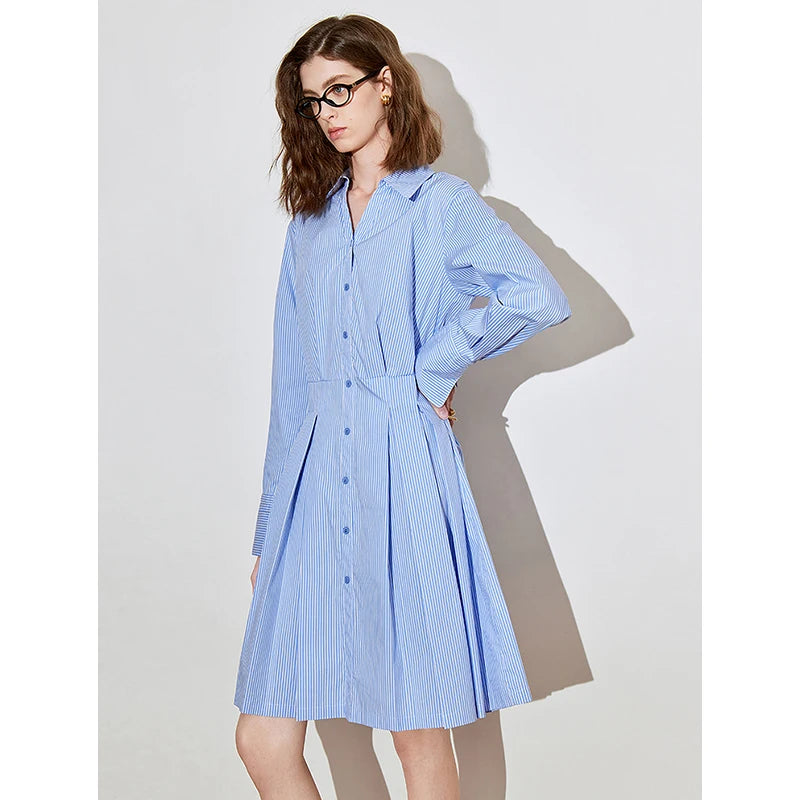 Vestido Chemise Midi Listrado Manga Longa