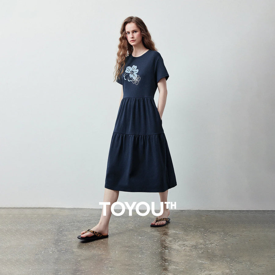 Vestido Camiseta Midi Floral com Saia em Camadas