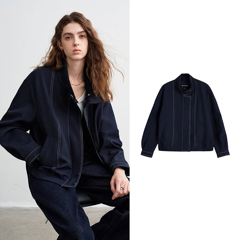 Jaqueta Feminina Antiamassado com Gola Alta Azul-Marinho Navy Bule