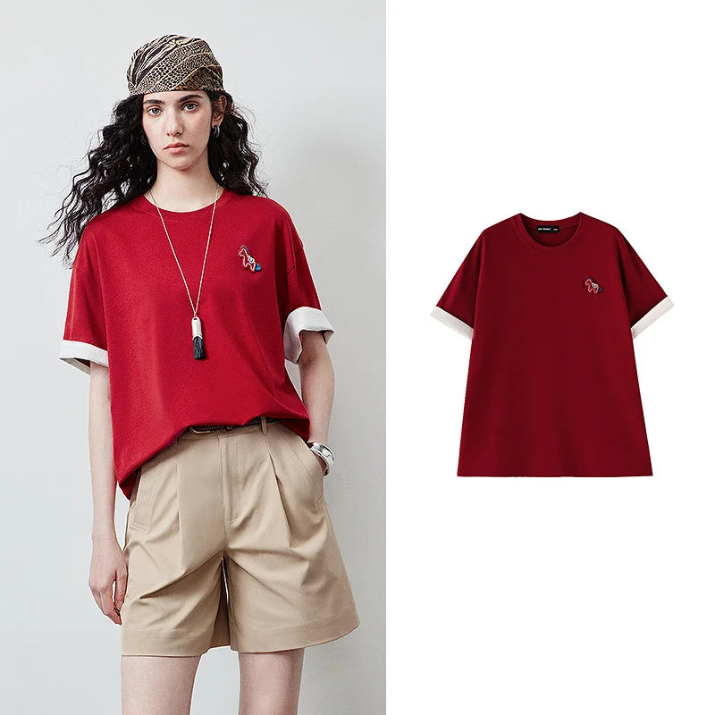 Camiseta Feminina de Liocel Color Block com Estampa Pônei