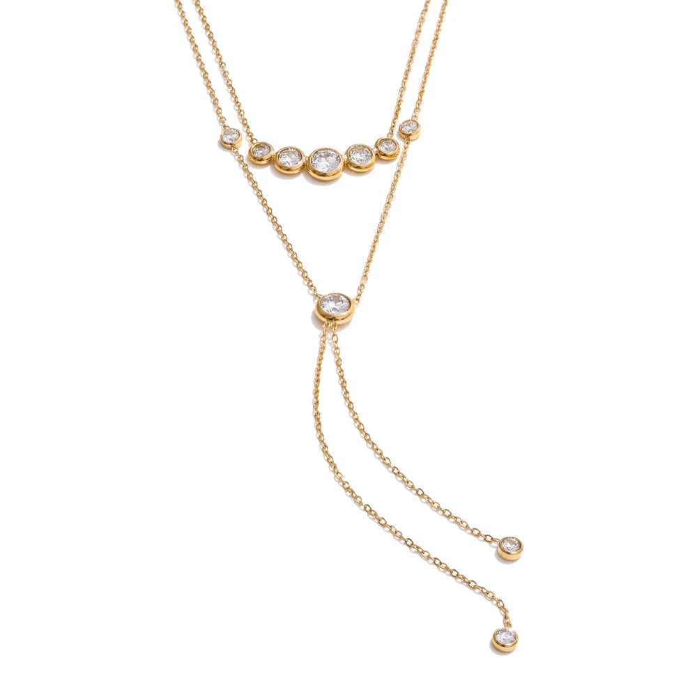 Yhpup Delicate Cubic Zirconia Double-Layer Chain Drop Tassel Luxury Necklace for Women Stainless Steel Exquisite Jewelry Gift YH218A Gold