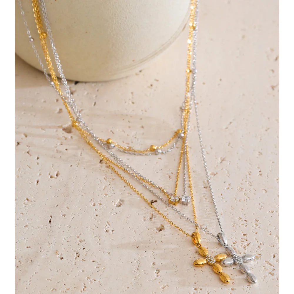 Yhpup Trendy Stainless Steel Layered Chain Cross Pendant Necklace for Women Exquisite High Quality Chic Jewelry Water Resistant