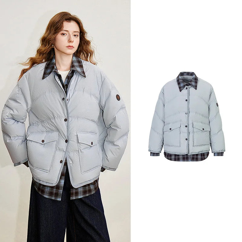 Jaqueta Puffer Feminina 90% Plumas Efeito Duas Peças gray