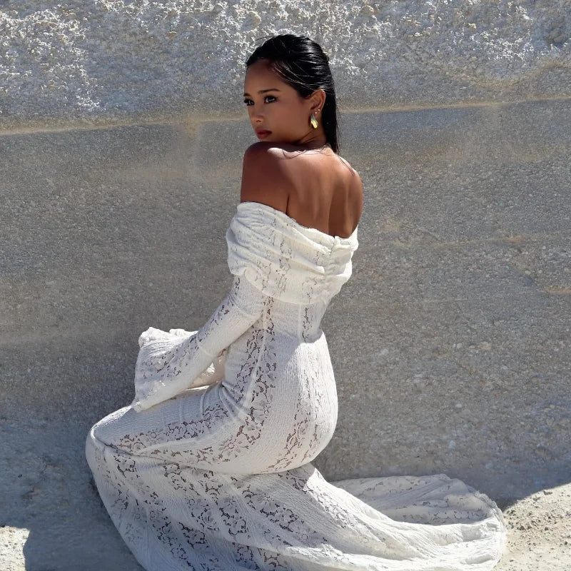Women's Elegant Lace Up Flared Sleeve Long Dress Fashion Hollow Out Off Shoulder Bodycon Vestidos 2024 Lady New Beach Partywear