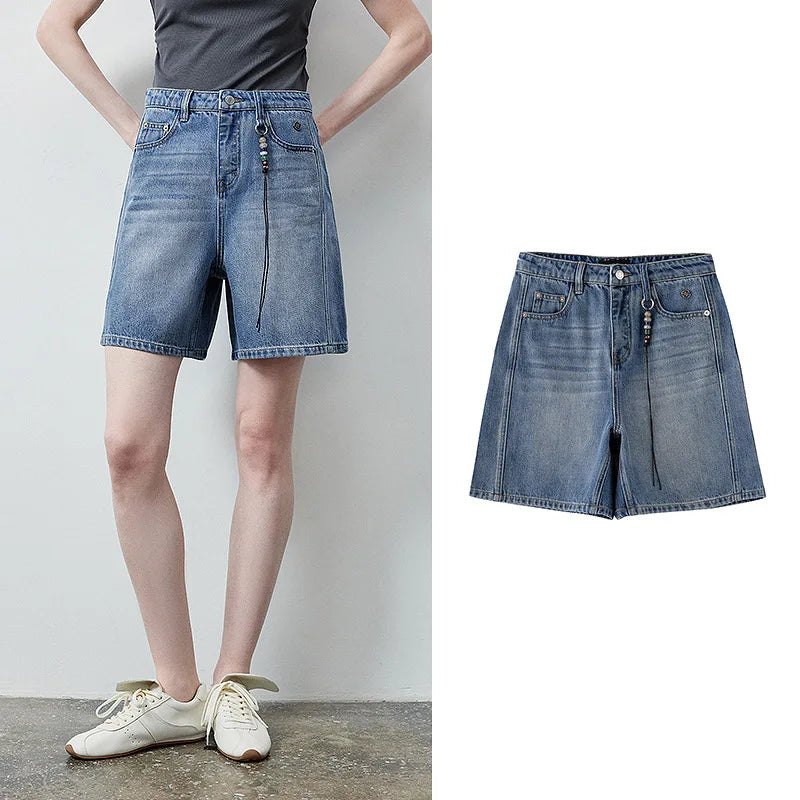 Shorts Jeans Feminino Wide Leg 100% Algodão com Pingente