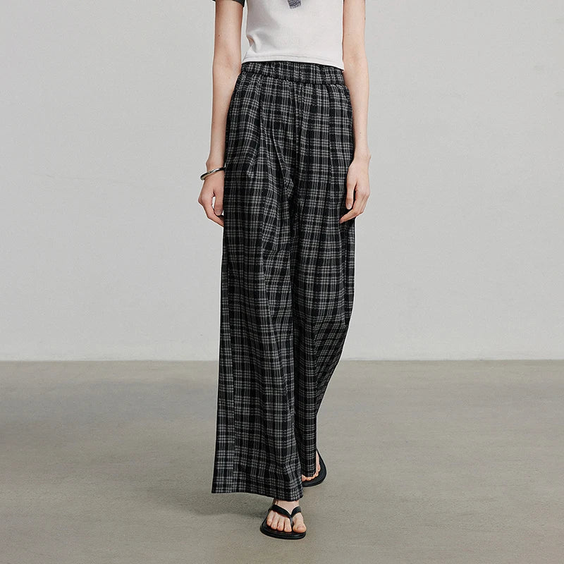 Calça Wide Leg Feminina Xadrez com Cós Elástico