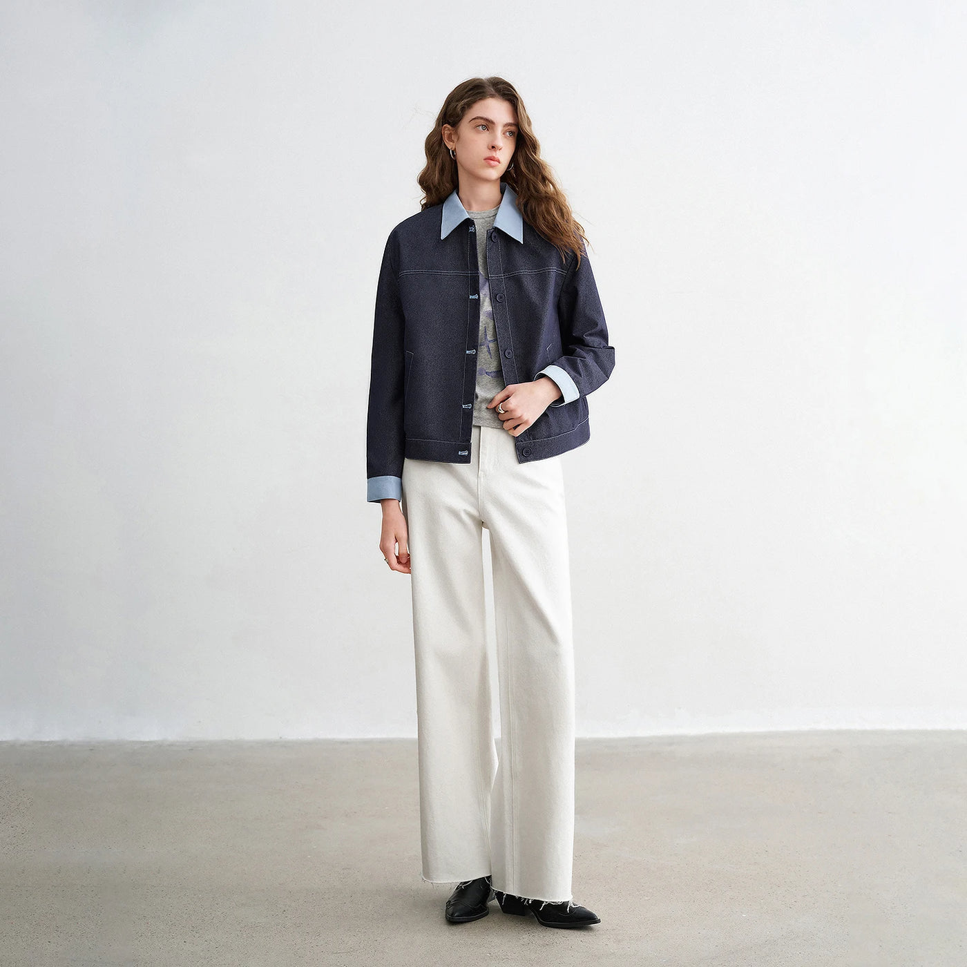 Jaqueta Feminina Efeito Jeans Patchwork Duas Peças