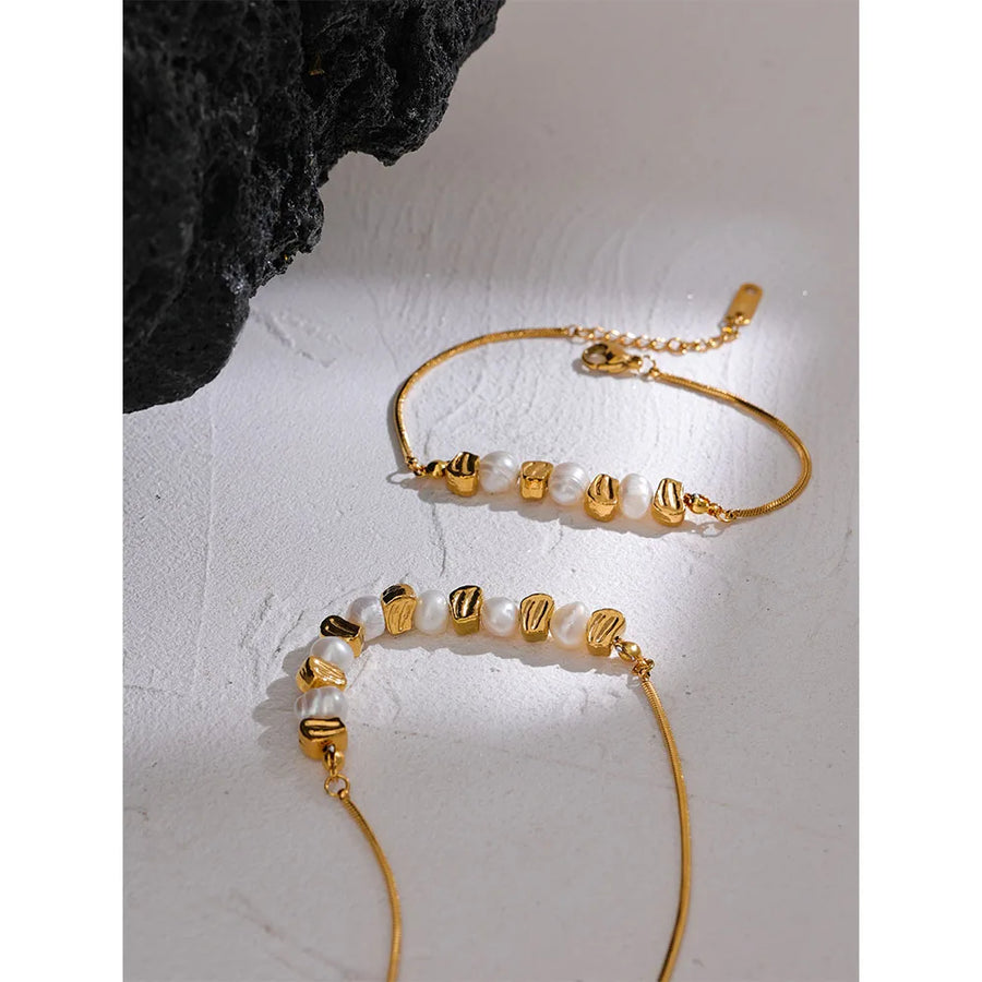 Conjunto Colar e Pulseira Gota com Pérola em Aço Inoxidável