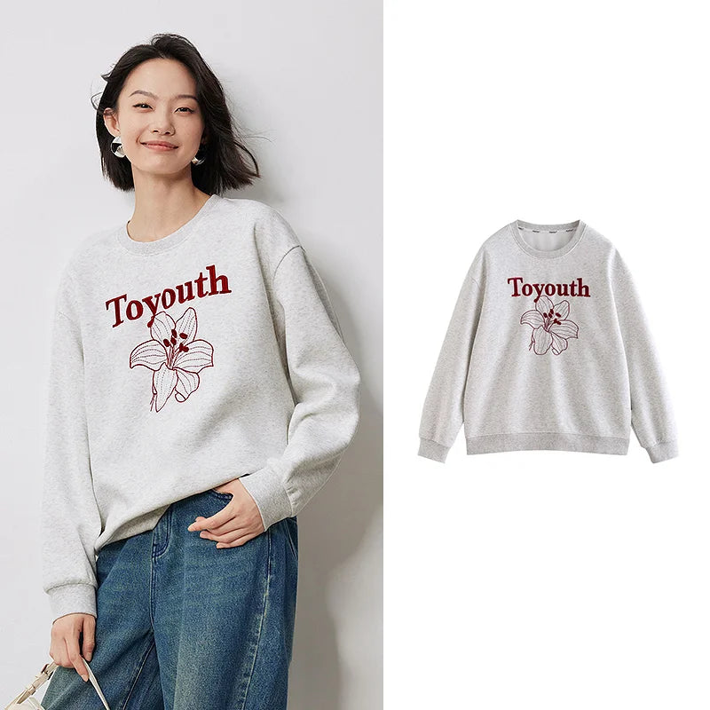 Moletom Feminino Streetwear com Flores e Letras Bordadas