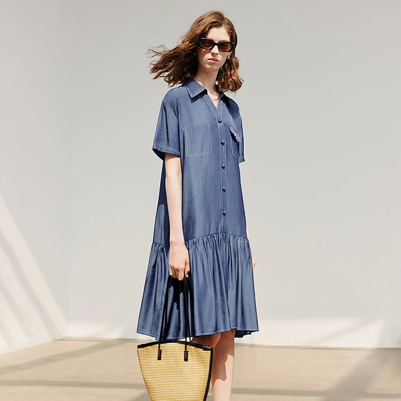 Vestido Chemise Curto de Viscose com Bolsos