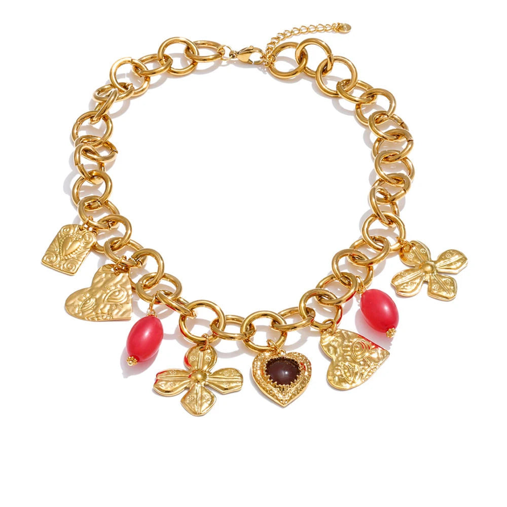 Yhpup Fashion Acrylic Resin Cherry Flower Heart Sun Pendant Charms Necklace Stainless Steel Golden Handmade Jewelry Gift YH1169A