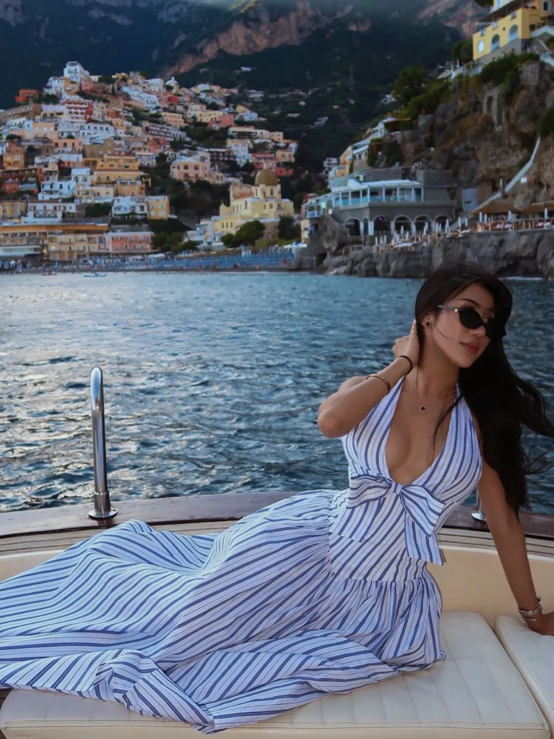 Vintage Striped Long Dress Elegant Women's V Neck Halter Bow Backless Maxi Dresses Blue White Summer Holiday Vacation Beach 2026