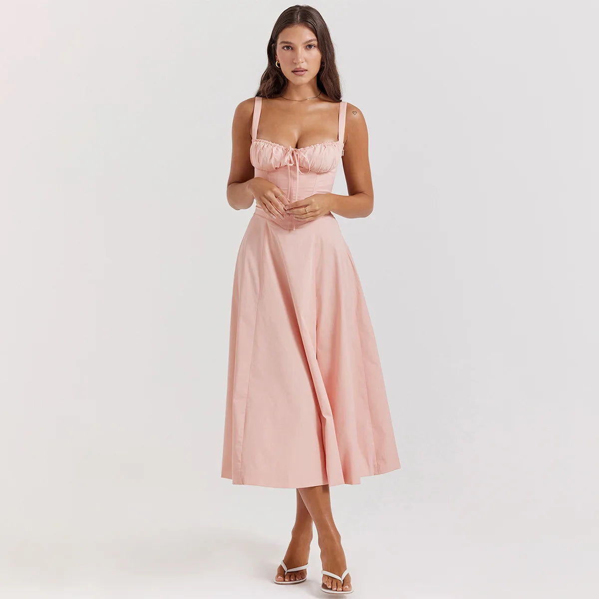Mingmingxi Floral Print Summer Holiday Dress Elegant Midi Spaghetti Strap Lace Up Dress A Line Casual Women Clothing 2024 solid pink