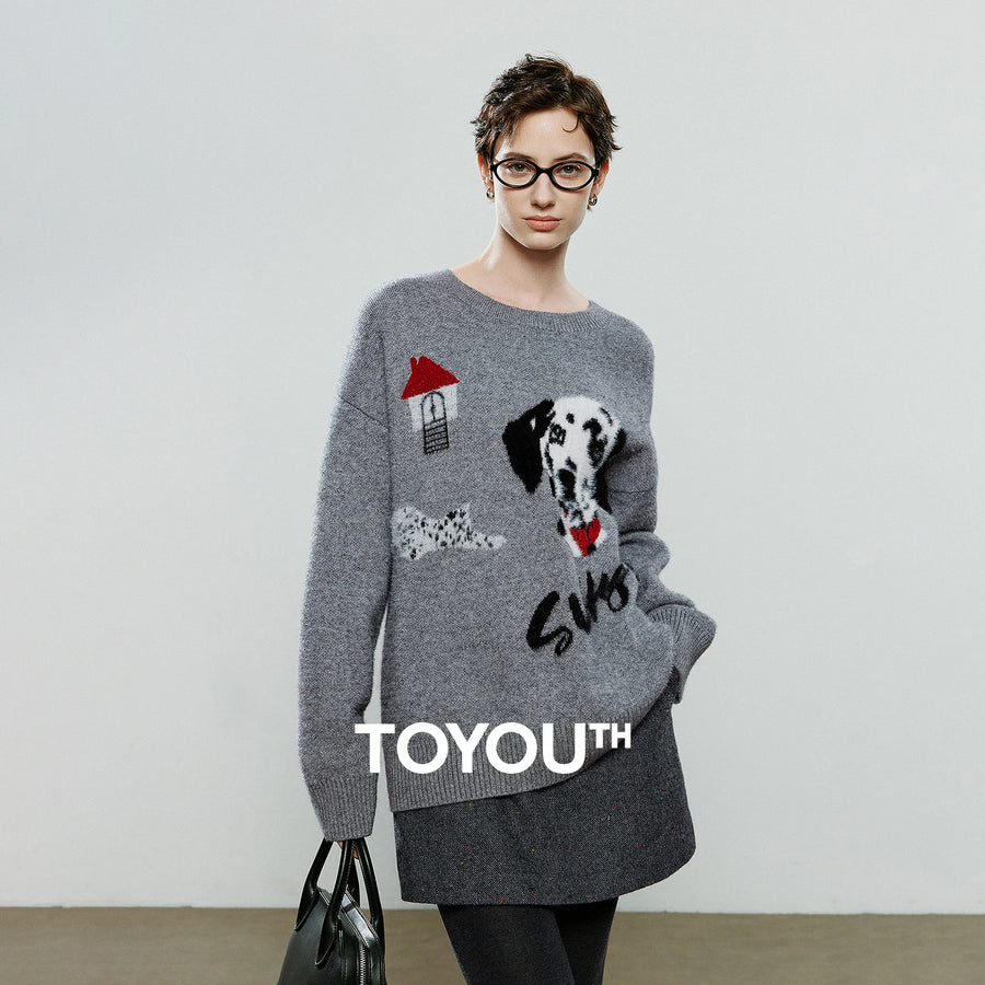 Suéter Feminino com Jacquard de Cachorro e Gola Redonda