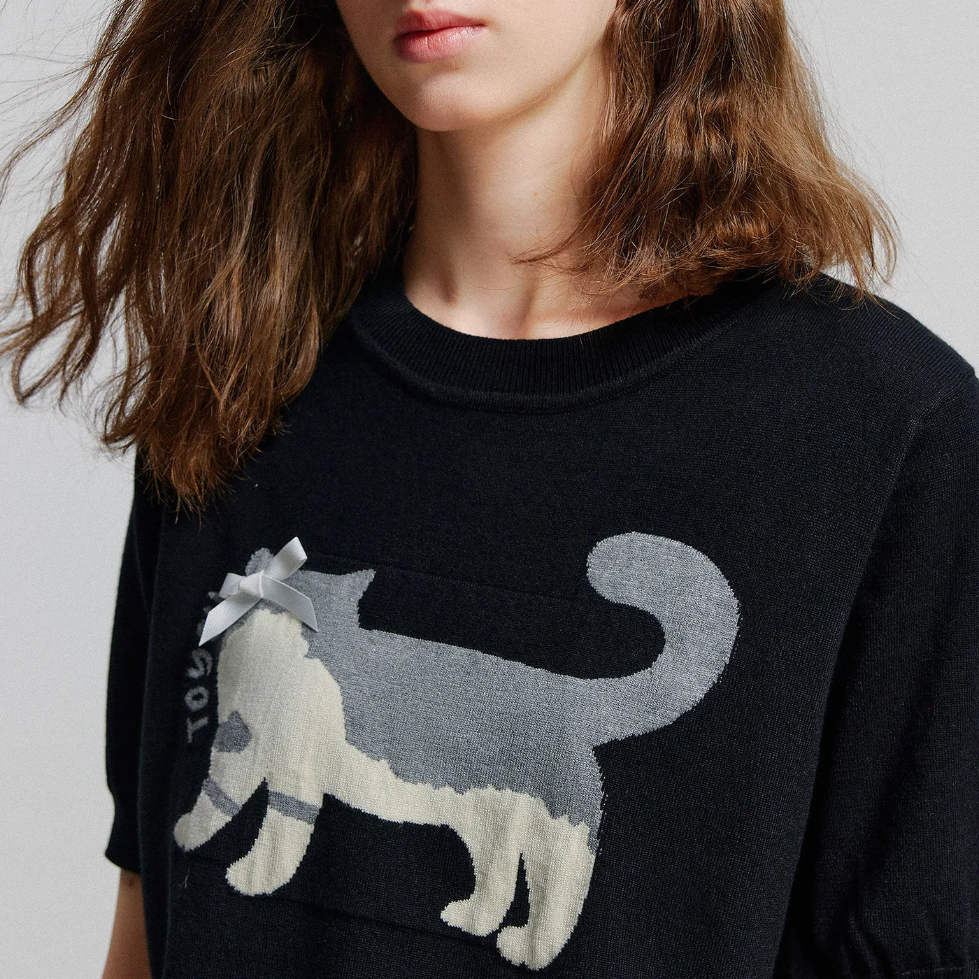 Blusa Feminina de Tricô Jacquard Gato com Laço