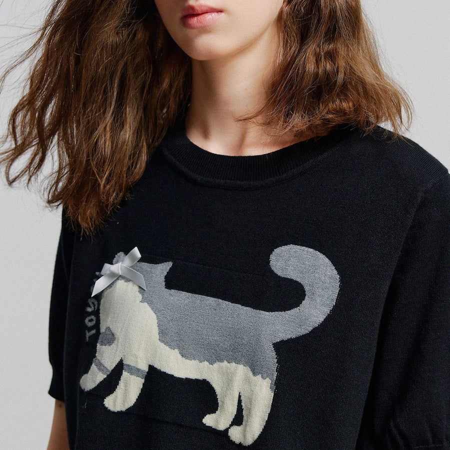 Blusa Feminina de Tricô Jacquard Gato com Laço