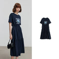 Vestido Camiseta Midi Estampado de Algodão Navy Bule