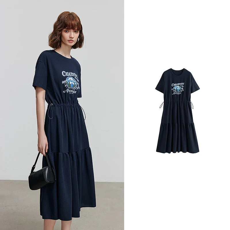 Vestido Camiseta Midi Estampado de Algodão Navy Bule