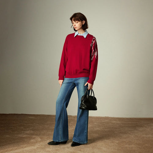 Suéter Feminino Grosso Vermelho com Bordado de Cavalo