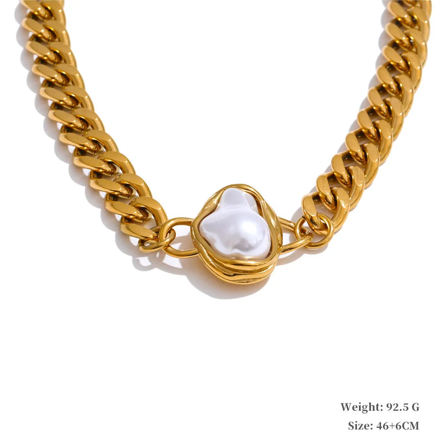 Yhpup Popular Baroque Simulated Pearls Golden Cuban Chain Necklace Earrings Vintage Stainless Steel Elegance Jewelry Gift YH4818A Necklace