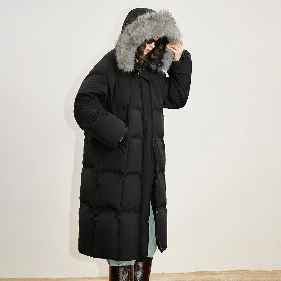 Casaco Puffer Feminino Longo com Capuz e Gola de Pelo