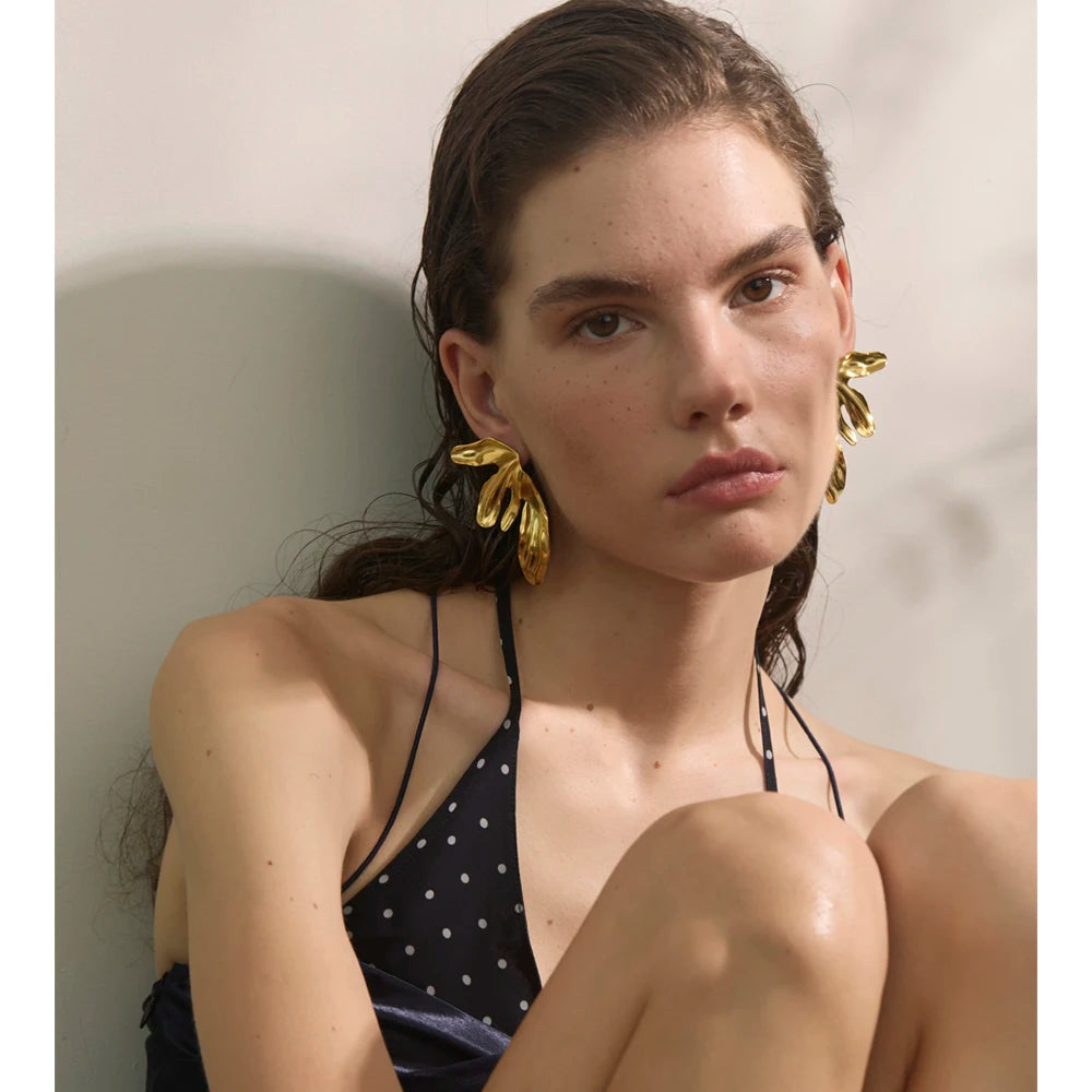 Yhpup Stainless Steel 18k Gold PVD Plated Flower Big Stud Earrings Arrivals Prevent Allergy Metal Statement Jewelry for Women