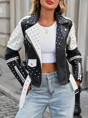 Jaqueta Biker em Couro Sintético com Rebites Black White
