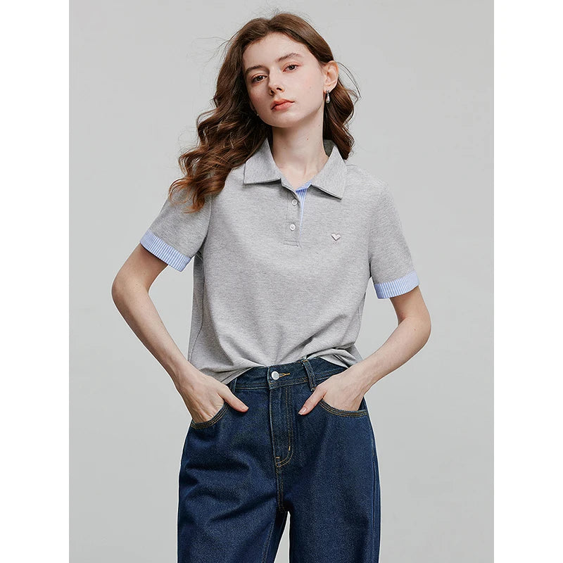 Camiseta Polo Feminina Listrada Color Block em Piquet