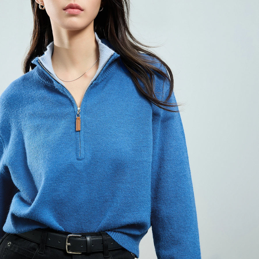 Suéter Feminino Color Block com Zíper e Gola Alta