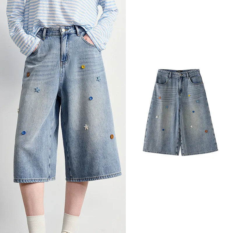 Calça Jeans Feminina Wide Leg Cropped com Botões Coloridos