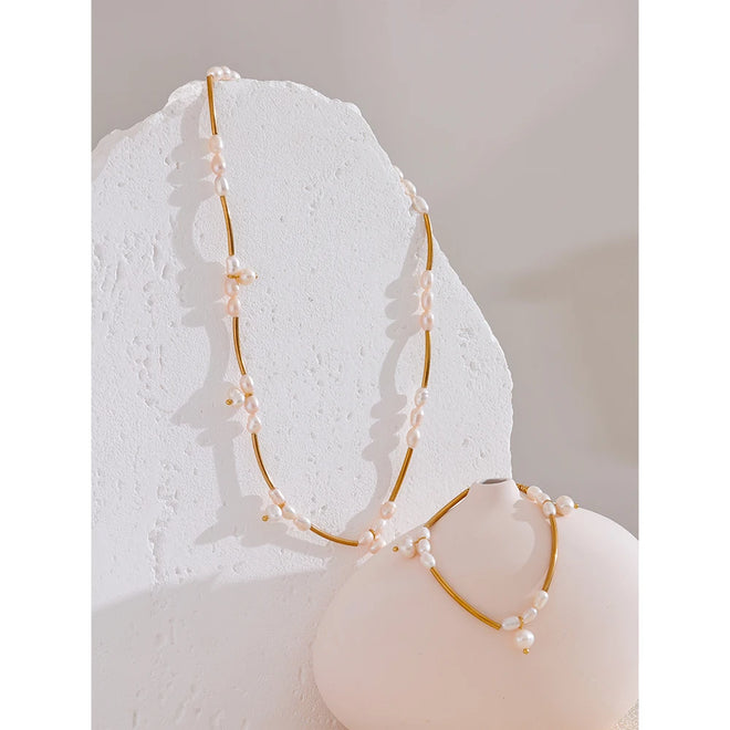 Yhpup Natural Freshwater Pearls Stainless Steel Pipe Handmade Necklace Bracelet Gold Color PVD Plated Fashion Jewelry Bijoux