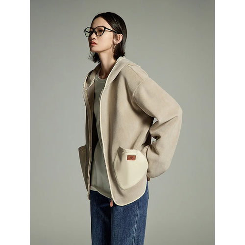Casaco Feminino de Fleece com Capuz e Bolsos