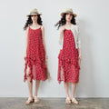 Vestido de Chiffon Floral Vermelho com Fenda e Babado