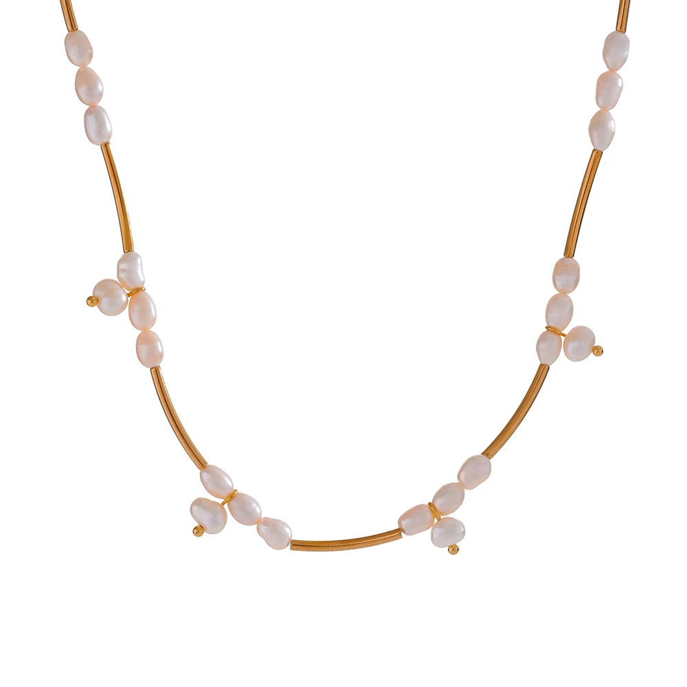 Yhpup Natural Freshwater Pearls Stainless Steel Pipe Handmade Necklace Bracelet Gold Color PVD Plated Fashion Jewelry Bijoux YH3660A Necklace