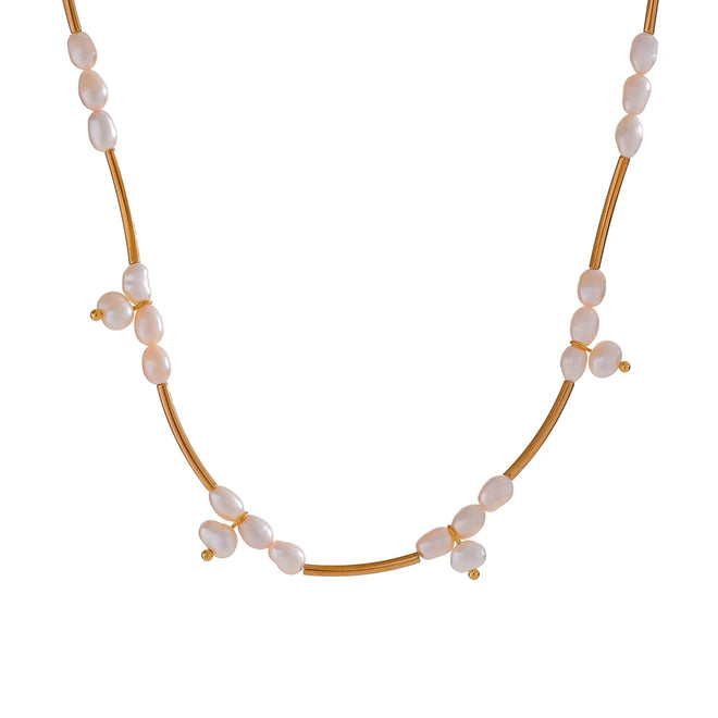 Yhpup Natural Freshwater Pearls Stainless Steel Pipe Handmade Necklace Bracelet Gold Color PVD Plated Fashion Jewelry Bijoux YH3660A Necklace