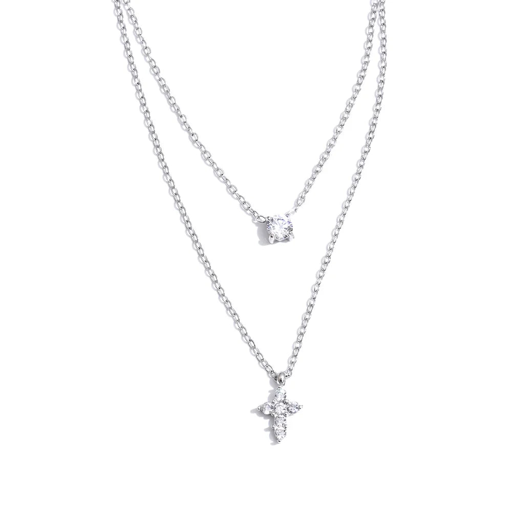 Yhpup High Quality Double-Layer Chain Zirconia Cross Pendant Delicate Necklace Stainless Steel Temperament Fashion Gift Jewelry YH576A Platinum
