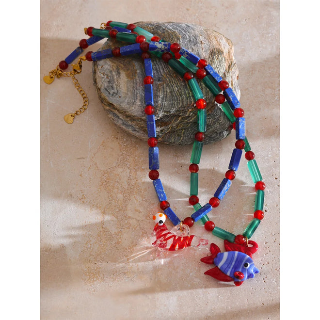 Yhpup Ocean Style Glazed Sea Lion Fish Pendant Necklace High Quality Natural Stone Chain Handmade Jewellery Waterproof Gift