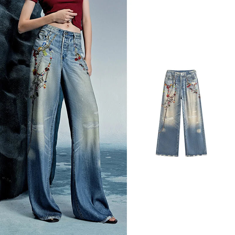 Calça Jeans Feminina Wide Leg Estampada em Liocel
