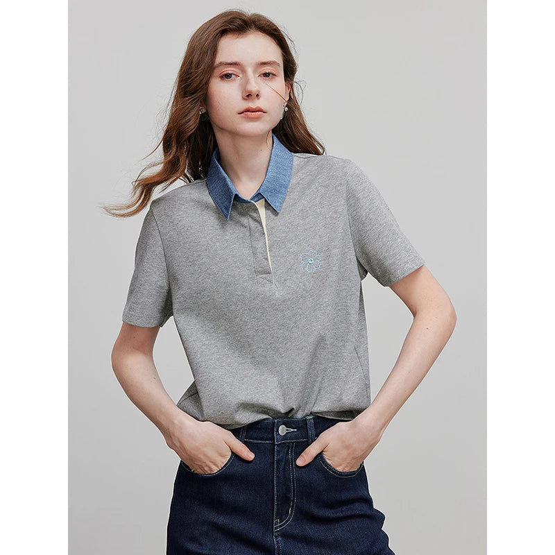 TOYOUTH women's Embroidery Polo Shirt 2025 Summer New Pique Denim Collar Contrast Color Casual Daily Tops