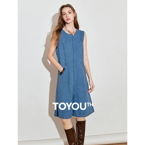 Vestido Jeans Midi Sem Manga com Amarração