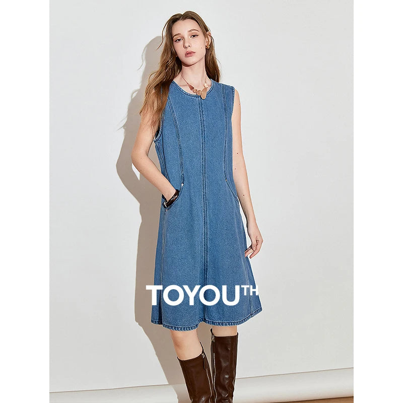 Vestido Jeans Midi Sem Manga com Amarração