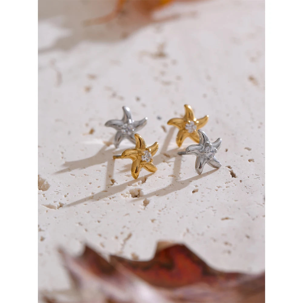 Yhpup Ocean Style Bling Zirconia Starfish Star Daily Stud Earrings Anti Allergic Stainless Steel Small Popular Jewelry Recommend