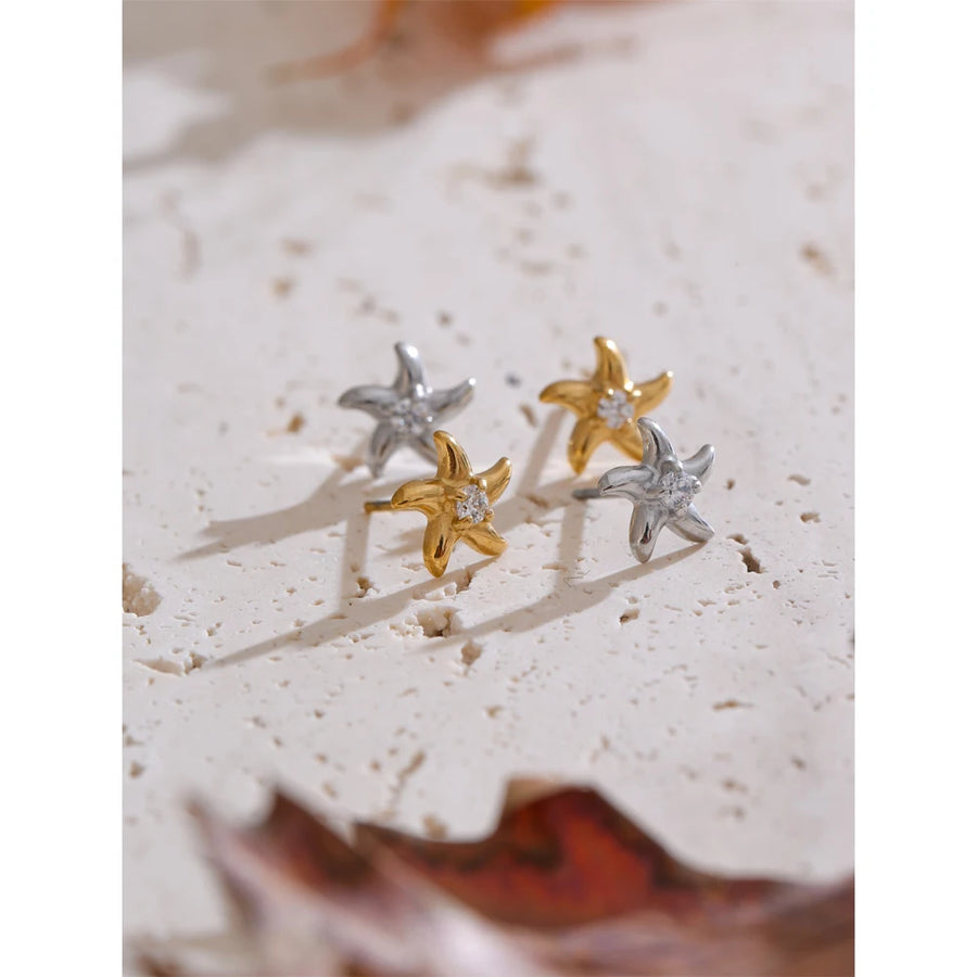Yhpup Ocean Style Bling Zirconia Starfish Star Daily Stud Earrings Anti Allergic Stainless Steel Small Popular Jewelry Recommend