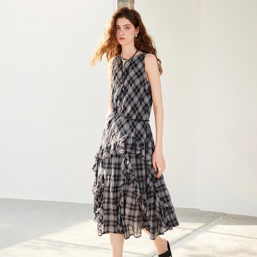 Vestido Boho Midi Xadrez com Babados