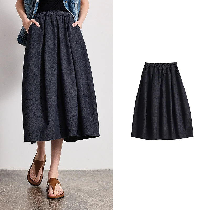 Saia Jeans Midi Feminina com Bolsos com Cós Elástico