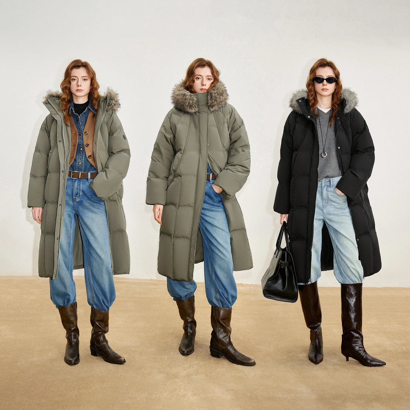 Casaco Puffer Feminino Longo com Capuz e Gola de Pelo