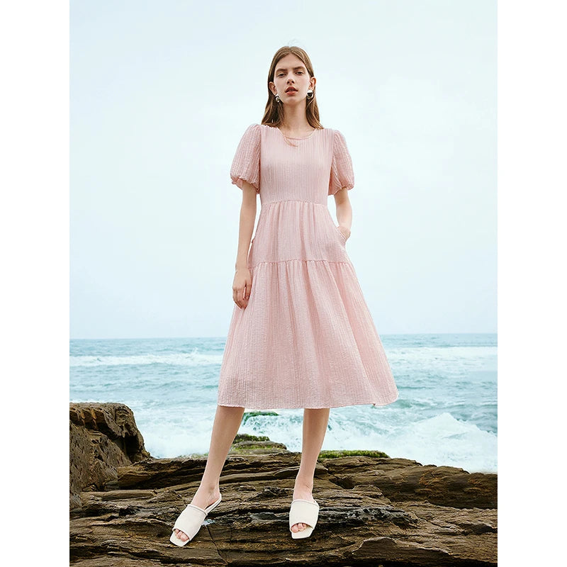 Vestido Midi Plissado com Manga Bufante