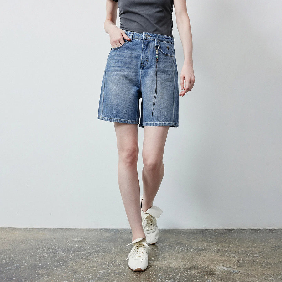 Shorts Jeans Feminino Wide Leg 100% Algodão com Pingente