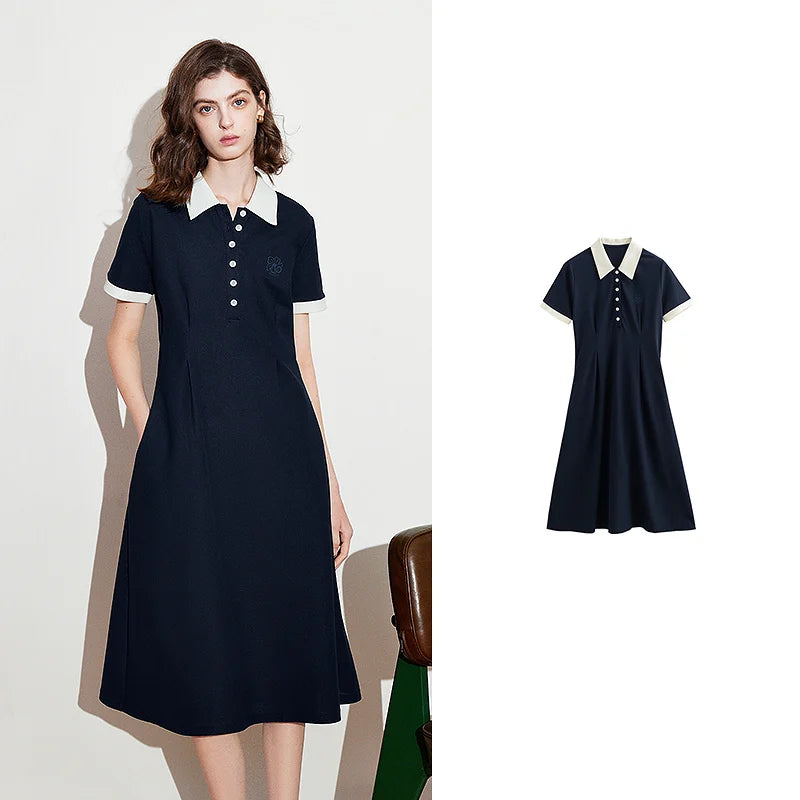 Vestido Polo Midi com Bordado Floral e Cintura Marcada Navy Bule