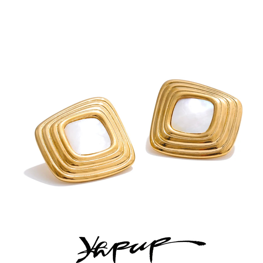 Yhpup Trending Stainless Steel Shell Square Stud Earrings for All Occasions 16K Golden Plated Hypoallergenic Arrivals Jewelry